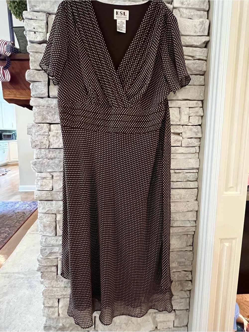 KSL Black and White Polka Dot Midi Dress with V-Neck
